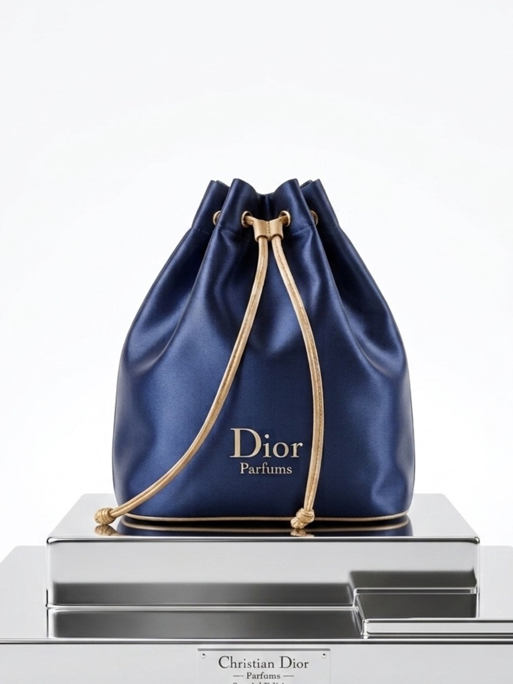 Dior Parfums Navy Satin Drawstring Bag with off white Trim